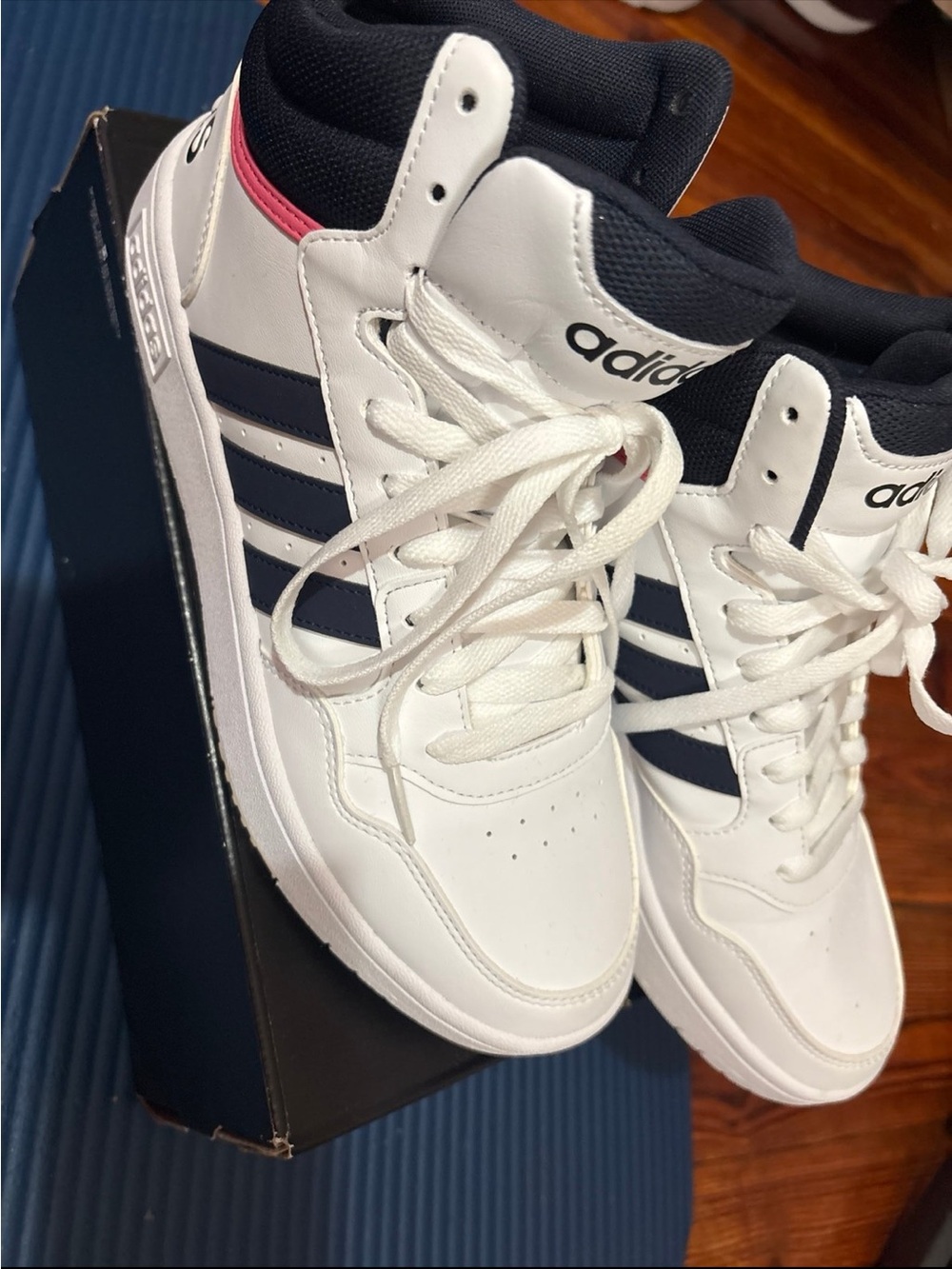 adidas White Navy High-Top Sneakers with Pink Heel Accent